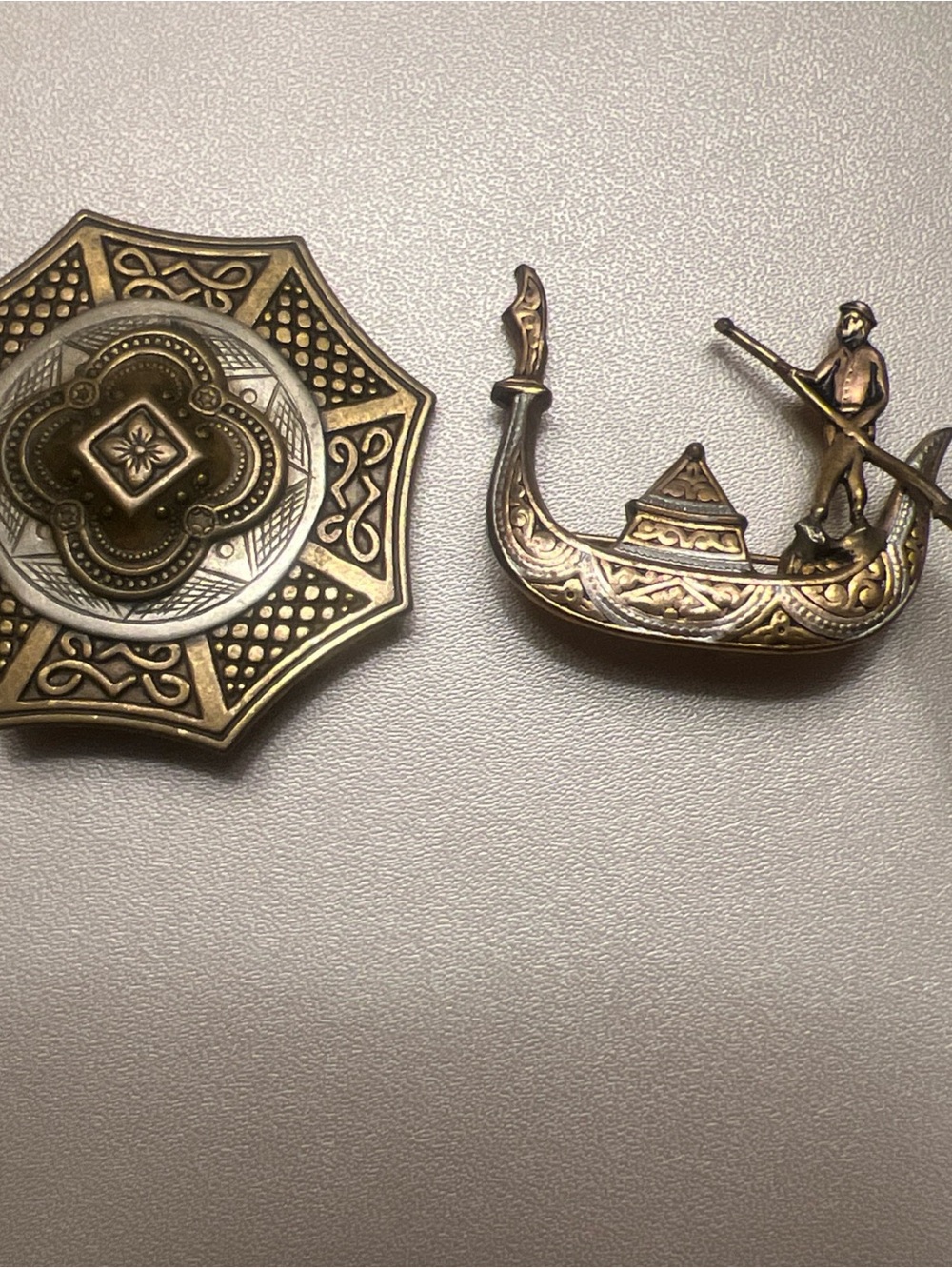 Lot of 2 vintage mixed metal possibly damascene gondola and octagon pins
